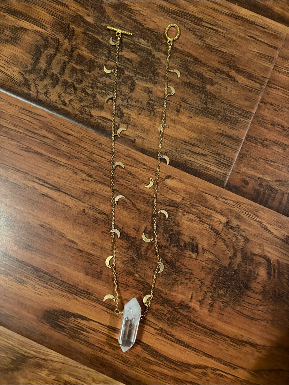 Clear Quartz pendant Necklace with Crescent Moon gold/brass like Chain